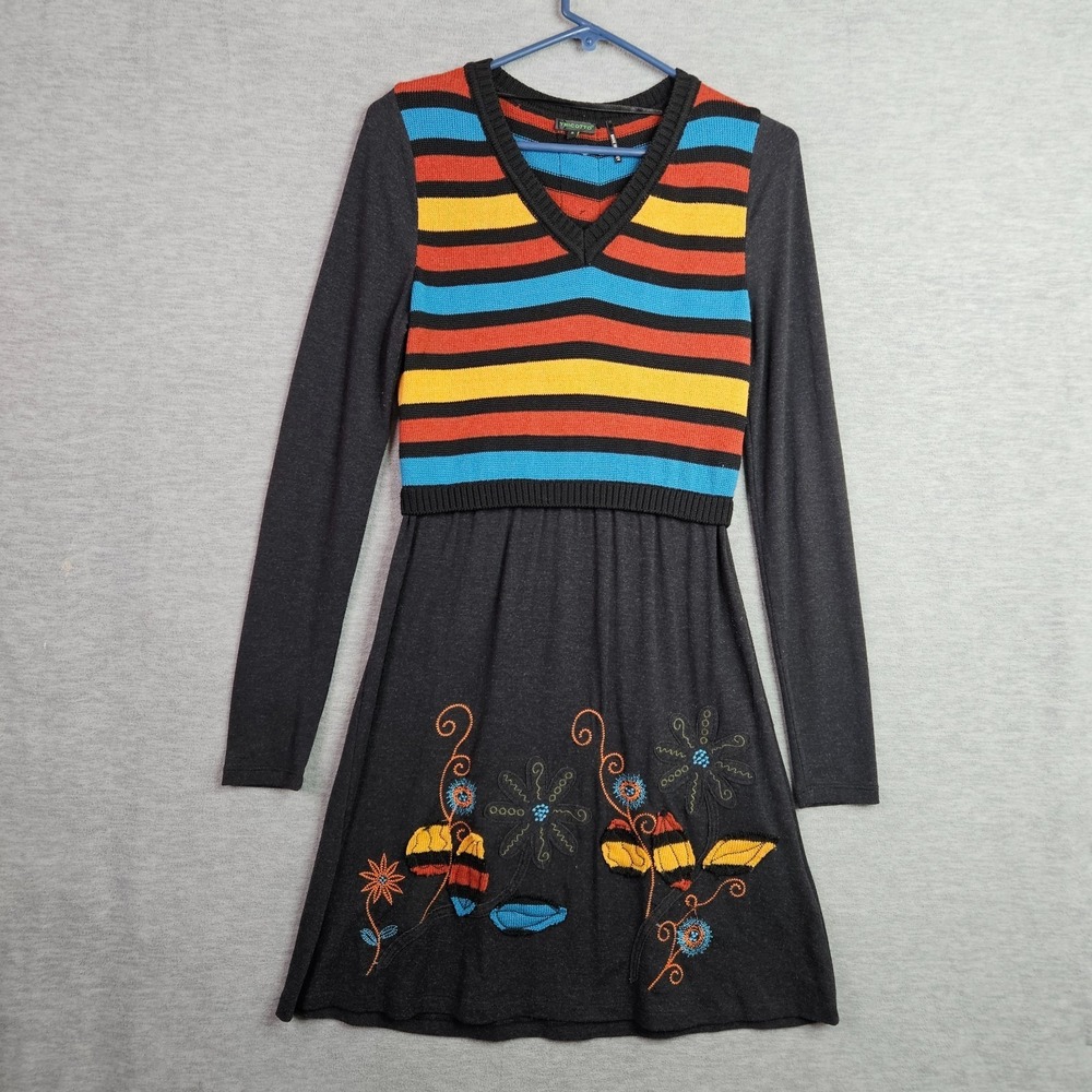 Tricotto Knit Dress Sz S Striped V Neck Embroidered Boho Artsy Long Sleeve